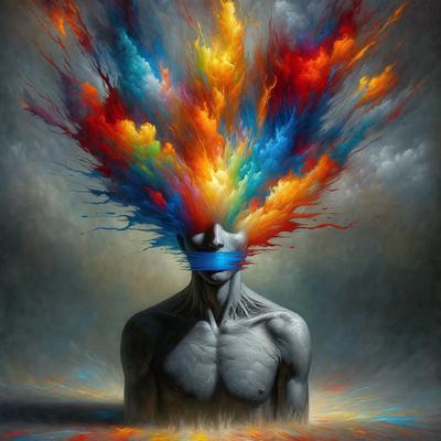 The primary subject of the image is a man with a blue head, surrounded by a vibrant and colorful background. The man appears to be a sculpture or a painting, and his head is filled with a mix of colors, creating a unique and eye-catching visual effect. The setting or background features a cloudy sky, which adds to the overall atmosphere of the scene. The visual style of the image is a combination of artistic expression and digital art, as the colors and patterns are skillfully combined to create a striking and memorable piece of art.